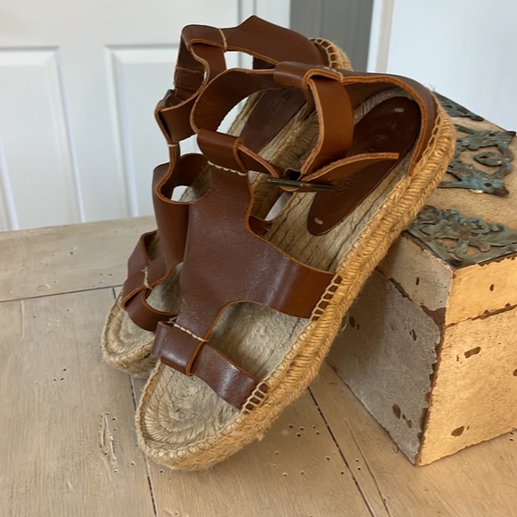 Soludos Leather Espadrilles Banded Shield Open Toe Buckle Flatform Sandals - Picture 3 of 5